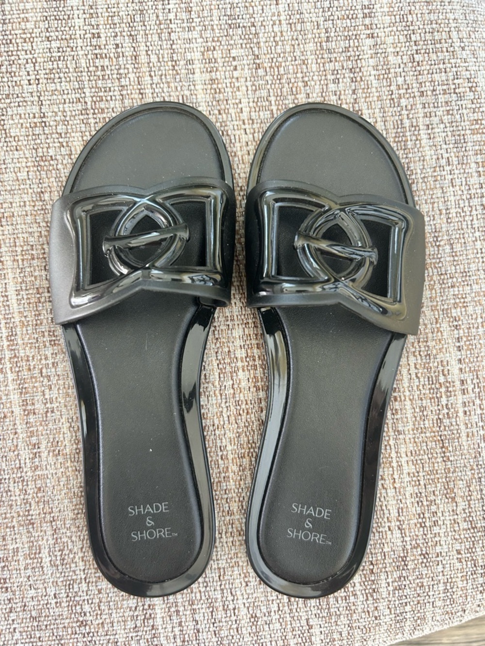 Shade & Shore Black Patent Slide Sandals with Knot Accent